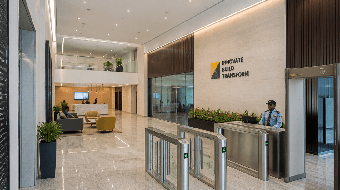 The reception and security lobby of a modern corporate office building