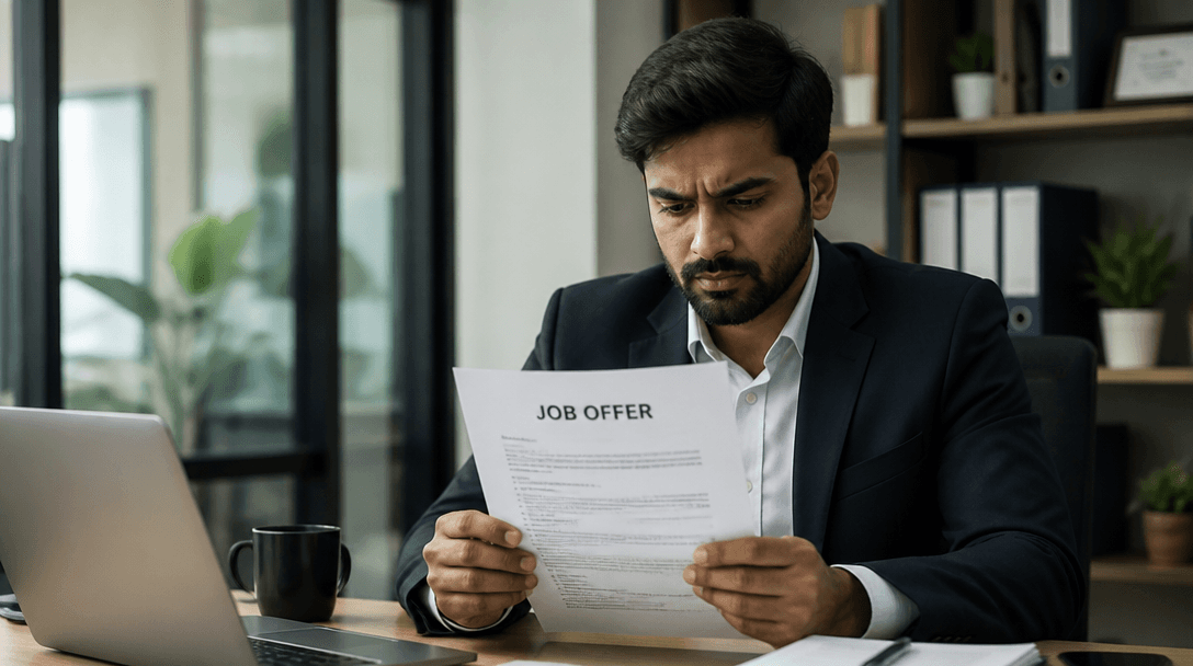 A job seeker carefully checking a job offer document for red flags