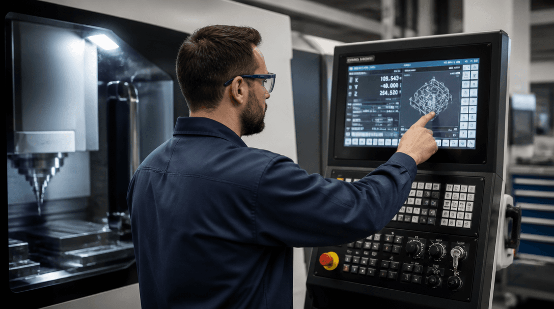 A machine operator setting up a CNC machine on the shop floor