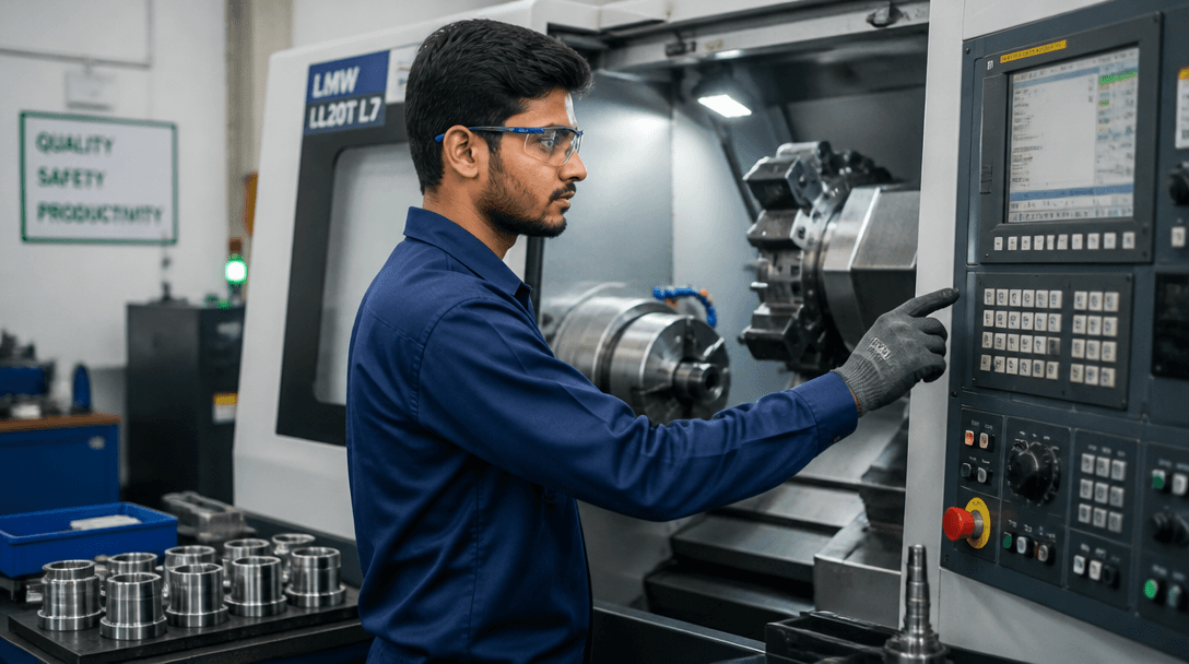 A machine operator running a CNC lathe at a Hosur manufacturing unit