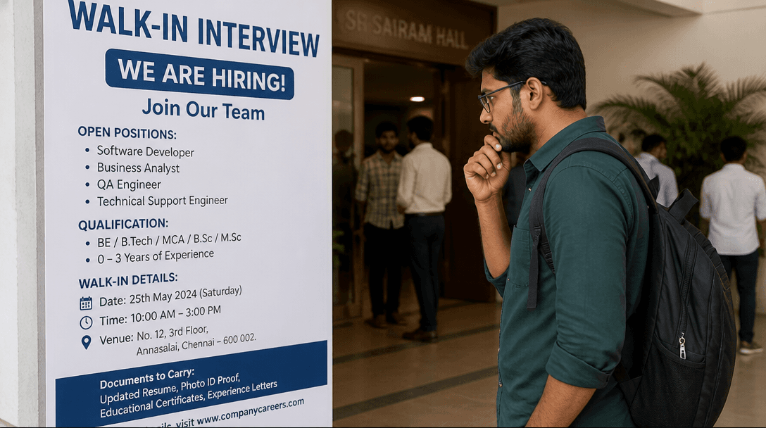 Job seekers waiting in a professional office lobby for walk-in interviews