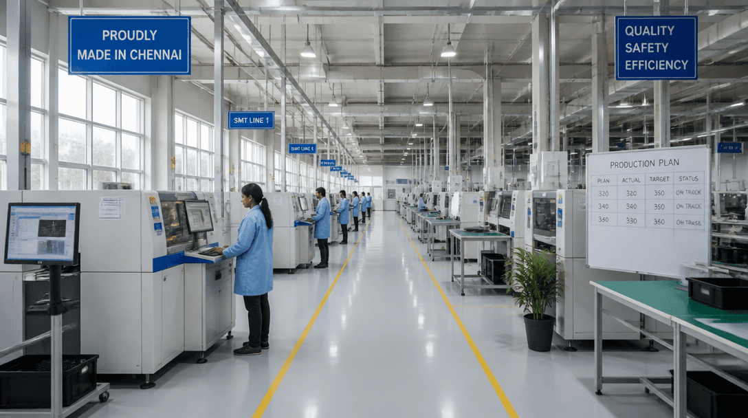 Modern manufacturing facility in Chennai with clean production lines and natural lighting