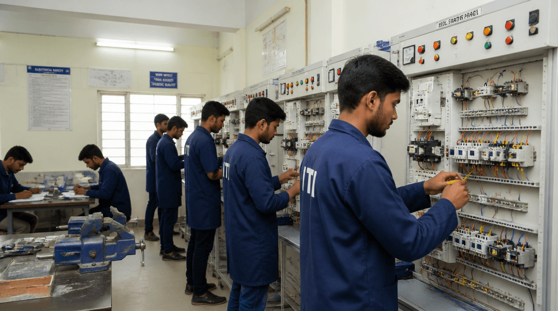 Industrial training workshop with machinery and tools in a Tamil Nadu ITI facility