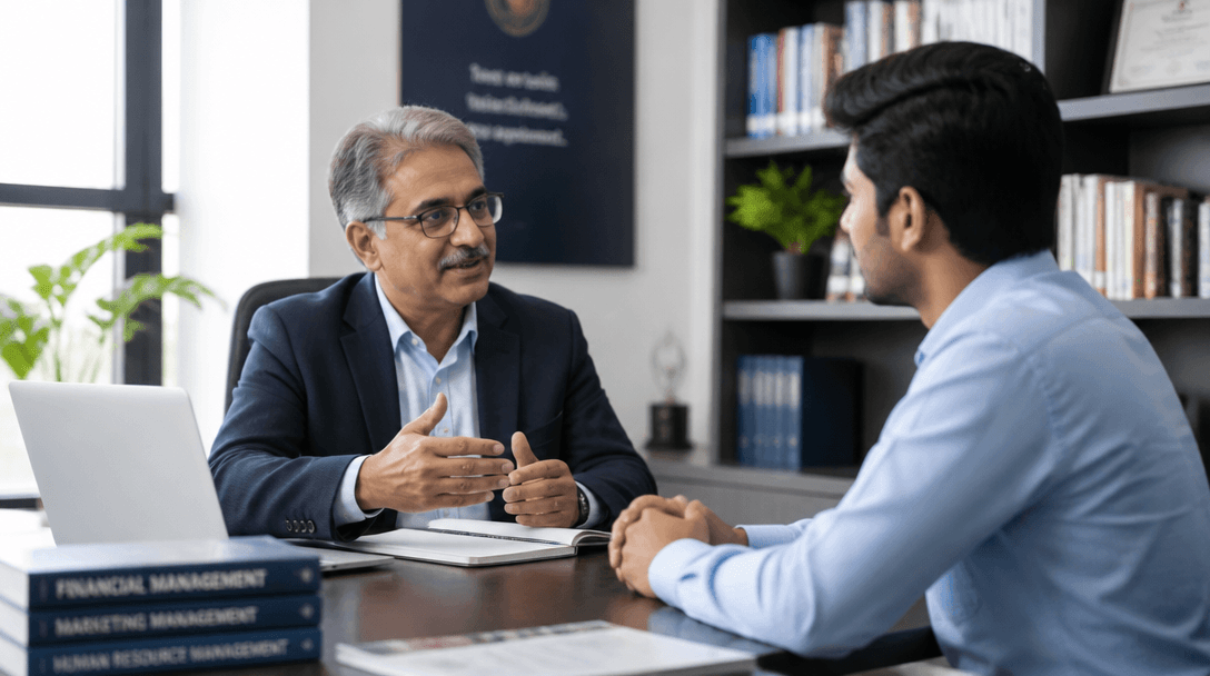 A career counsellor advising a fresh graduate on choosing between career paths