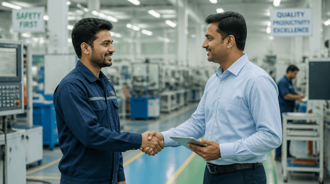 Professional handshake representing job confirmation in a corporate setting