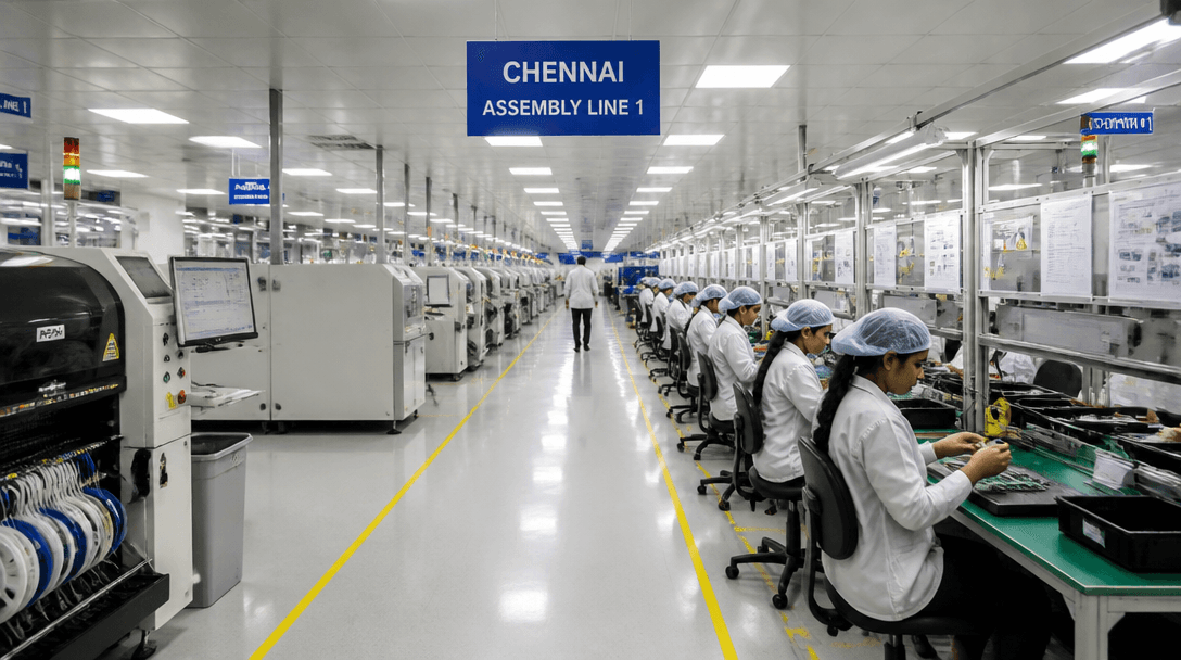 Workers on an electronics assembly line at a Chennai manufacturing plant
