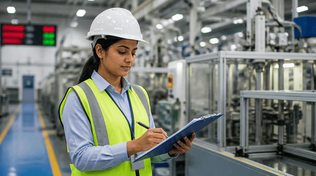 A woman supervisor in safety gear inspecting work on a factory floor