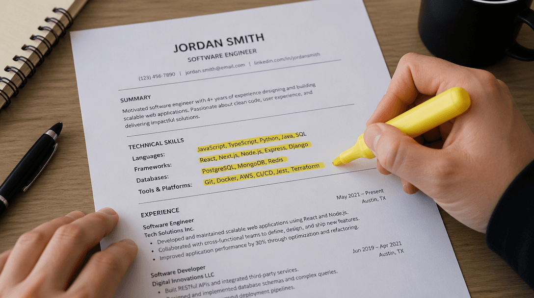 Resume template with highlighted sections for manufacturing experience