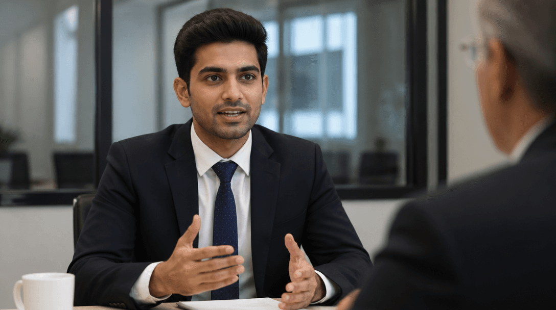 Confident professional speaking clearly during a job interview