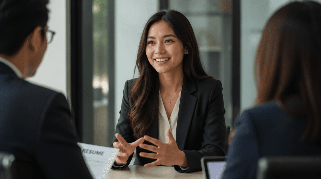 Confident young professional speaking during a job interview in India