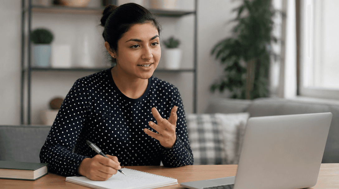 Interview preparation notes and practice answers on a notepad