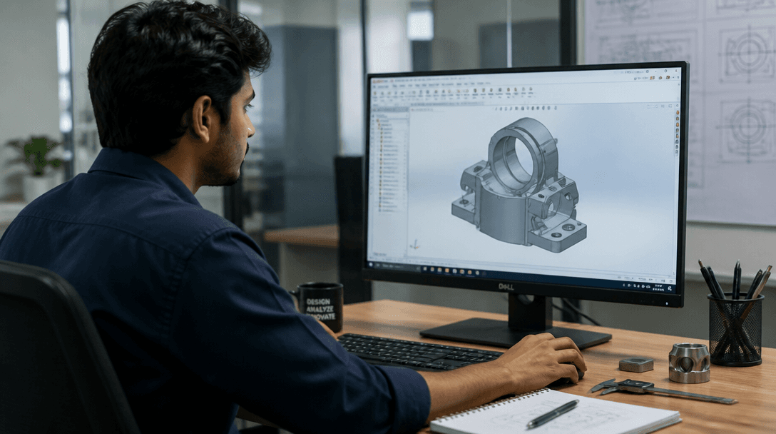 A trainee working on CAD design software at a computer workstation