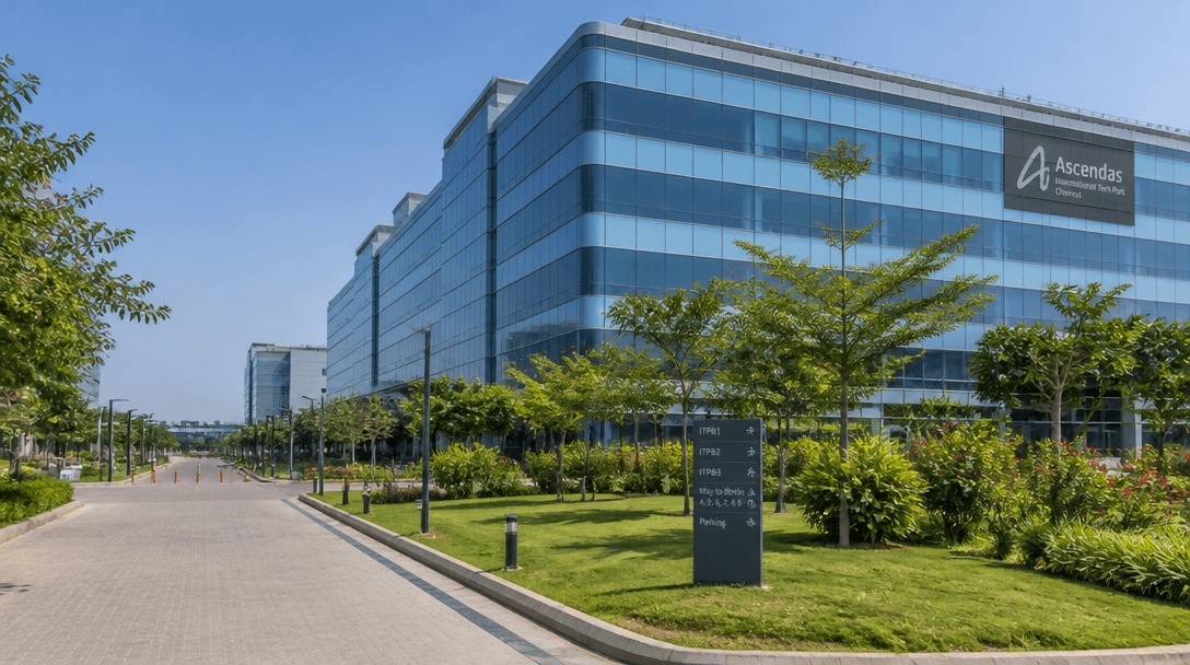 IT company office interior with modern workstations in Chennai tech corridor