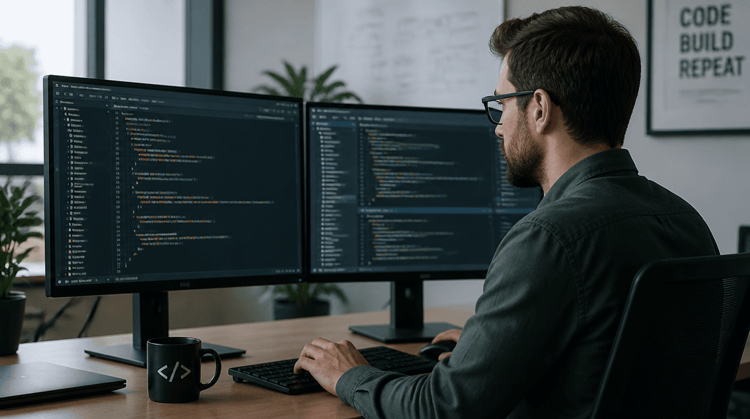 Young professional preparing for an IT company interview with laptop and notes