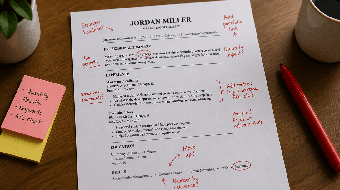 Resume document with red marks highlighting errors and corrections