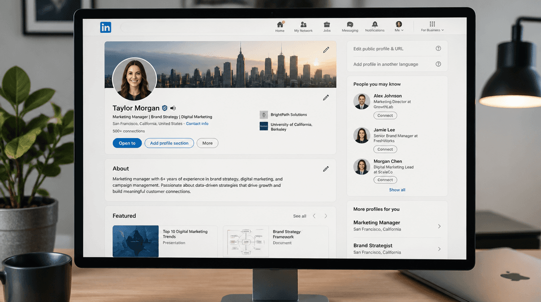 LinkedIn profile page open on a laptop with professional networking elements