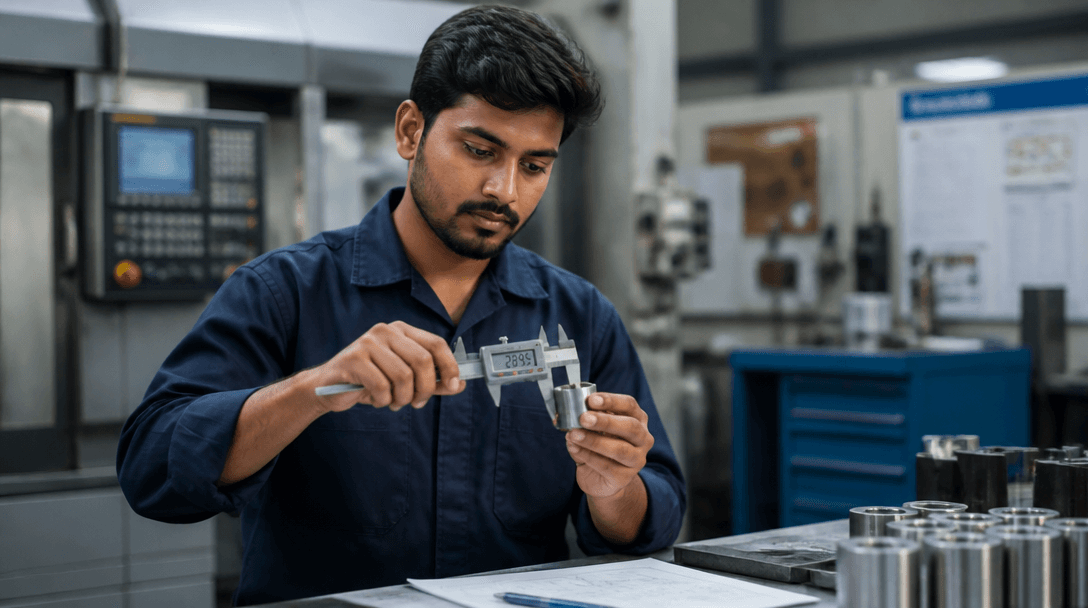 Diploma engineering graduate reviewing technical drawings at a workstation