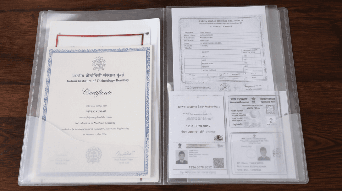 Organized document folder with certificates and resume ready for a job interview
