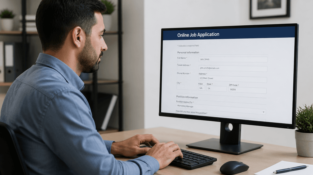 Person carefully filling out an online job application form on a laptop