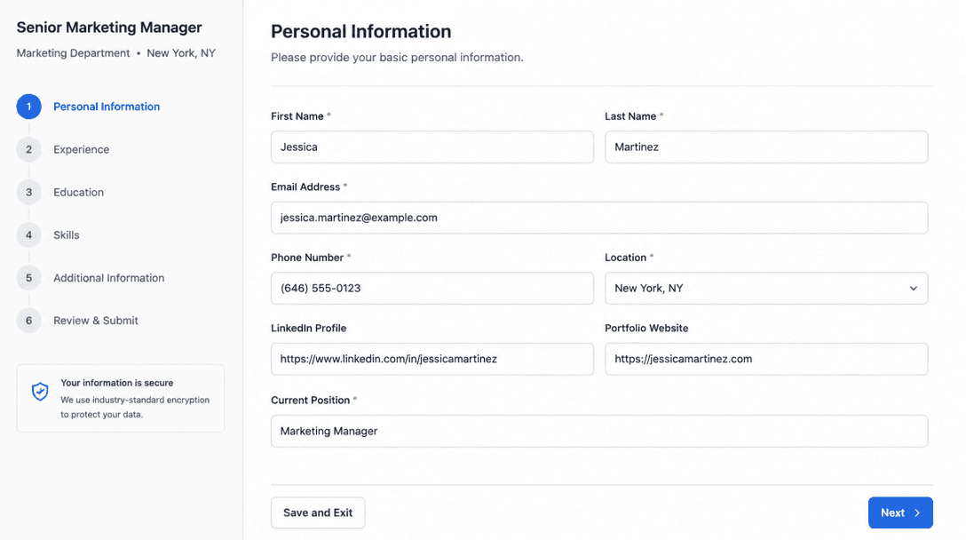 Close-up of a completed online application form on a screen
