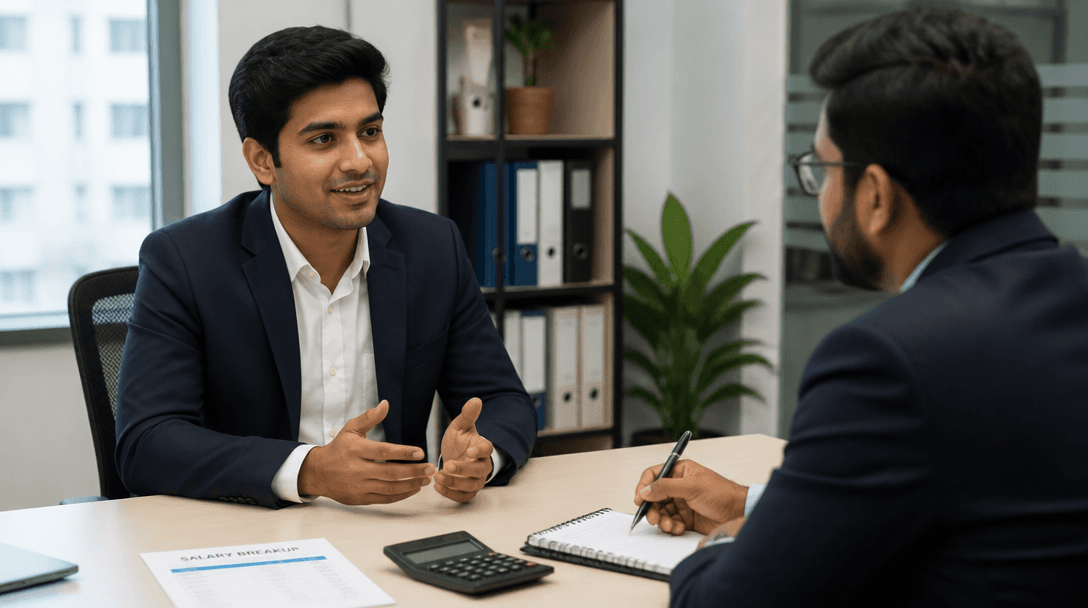 Professional discussion between candidate and interviewer across a desk