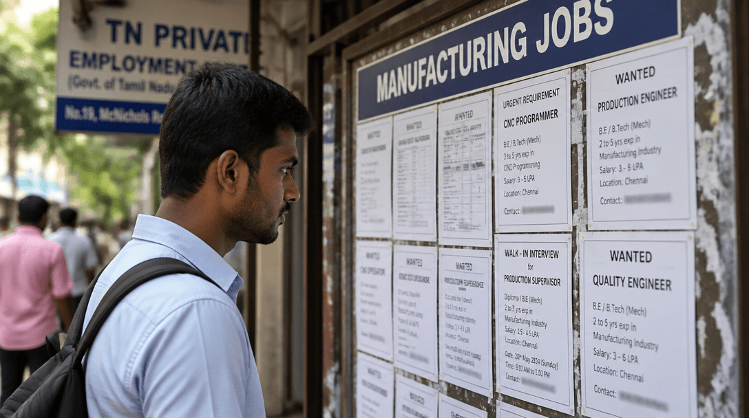 Job seeker reviewing manufacturing job listings on a notice board in Chennai