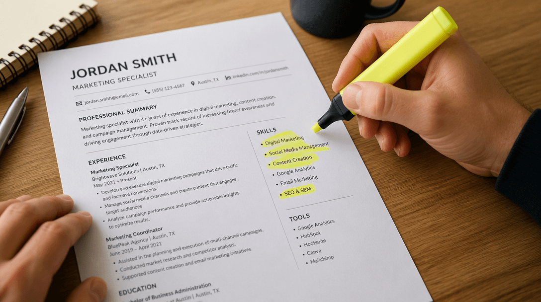 Skills checklist organized by category on a notepad