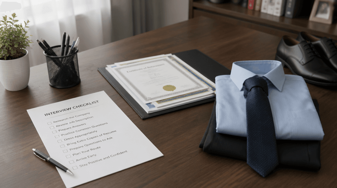 Organized desk with resume documents and interview preparation materials at night