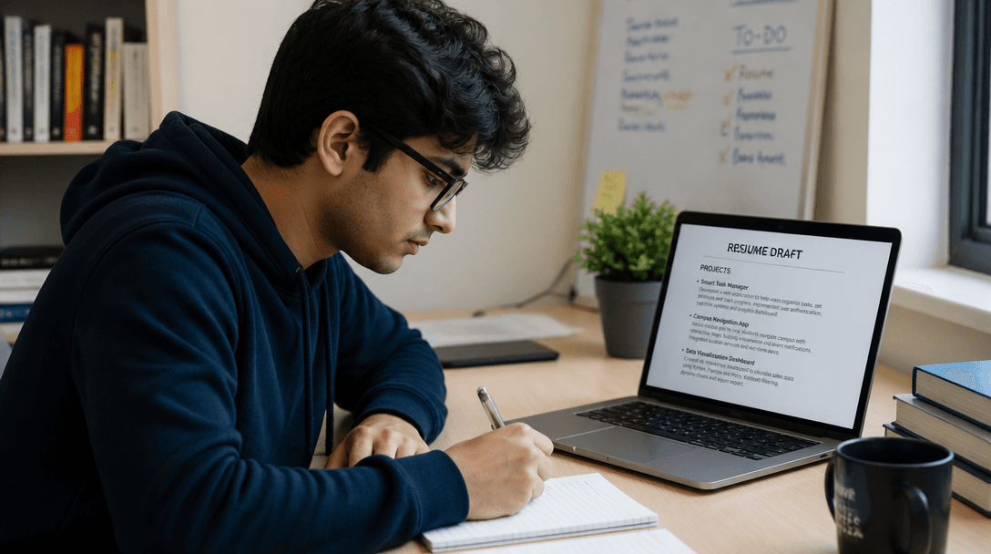 Notebook with resume content ideas brainstormed by a fresher