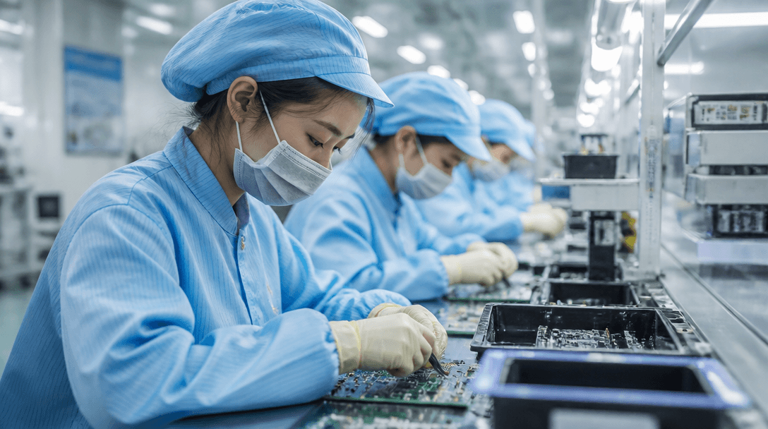 Quality inspection station with magnifying equipment at an electronics plant