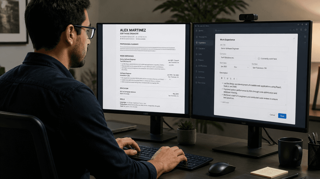Professional updating their resume on a laptop after gaining work experience