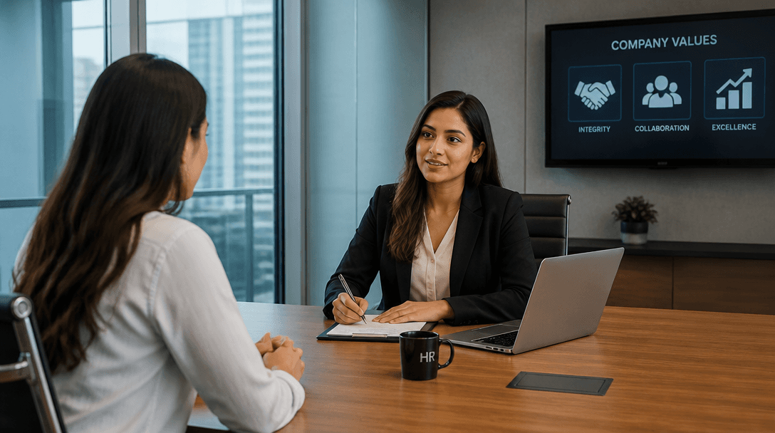 HR professional reviewing candidate resumes at a modern office desk