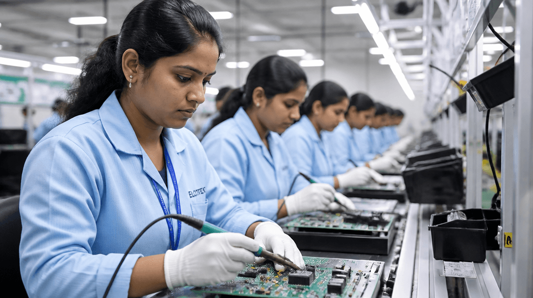 Women workers at an electronics assembly line in a Tamil Nadu factory