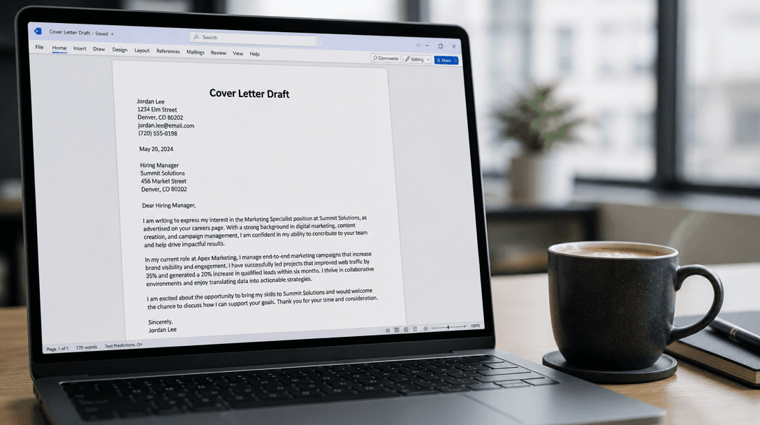 Professional cover letter document on letterhead with a pen beside it