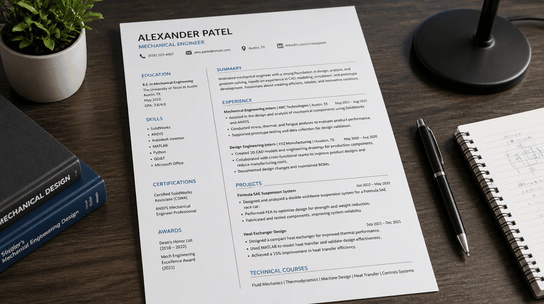 Professional resume document on a desk with a pen and notebook